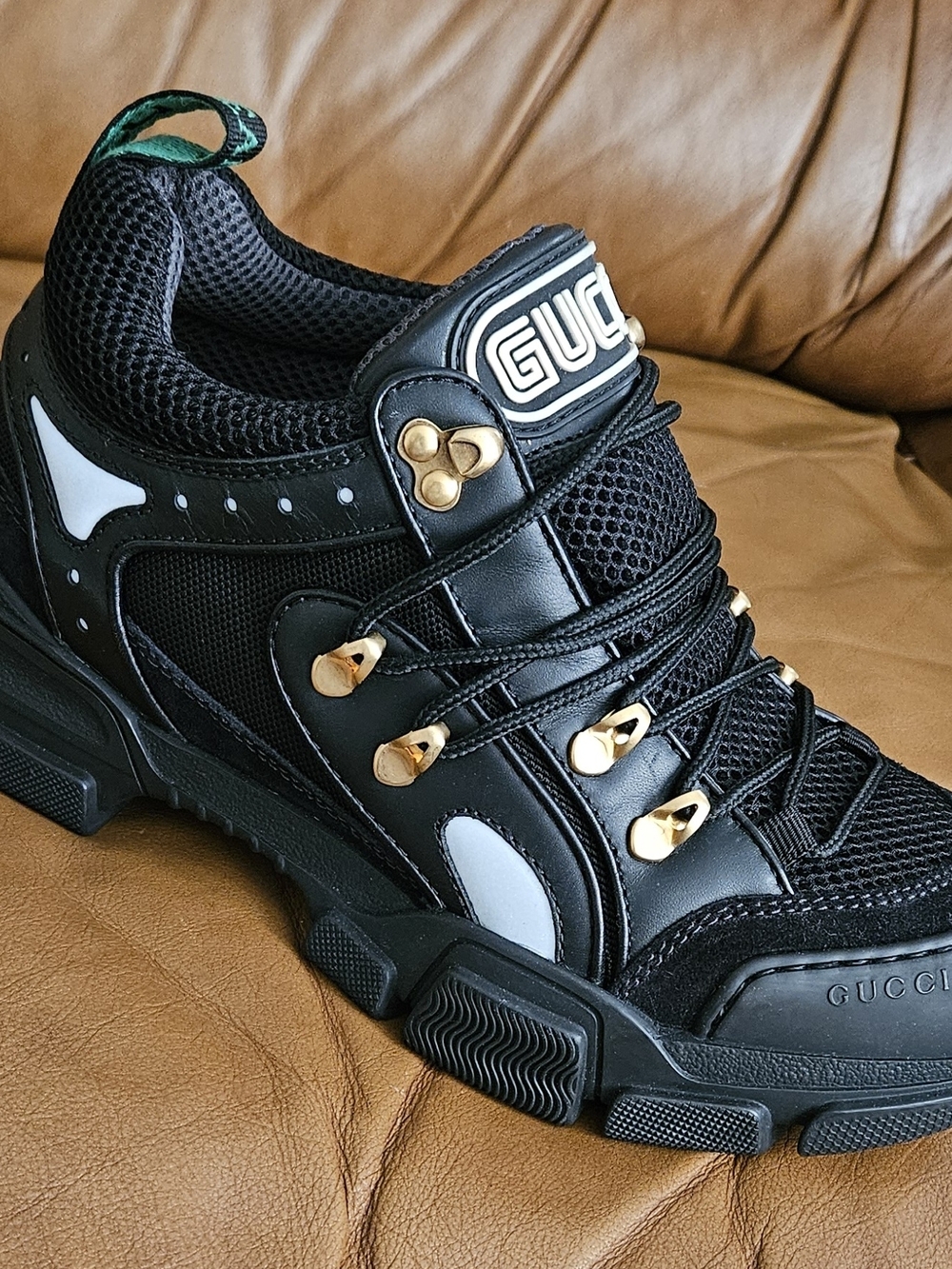 New Men's Gucci Flashtrek Black Leather Chunky Lace-Up Sneakers Size 6 - Picture 3 of 16